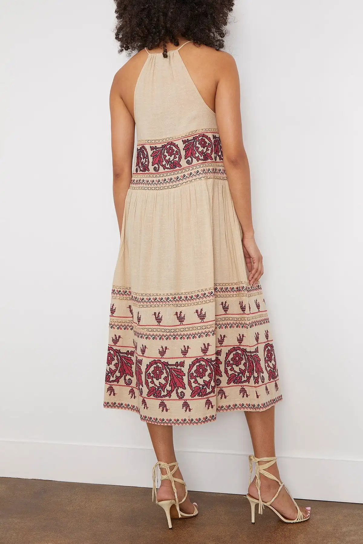 Beena Embroidery Halter Neck Dress in Taupe