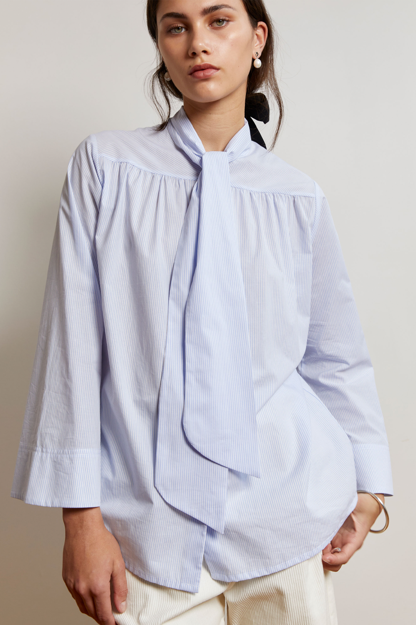 Bianca Blouse | Cotton Stripe | Baby Blue + White