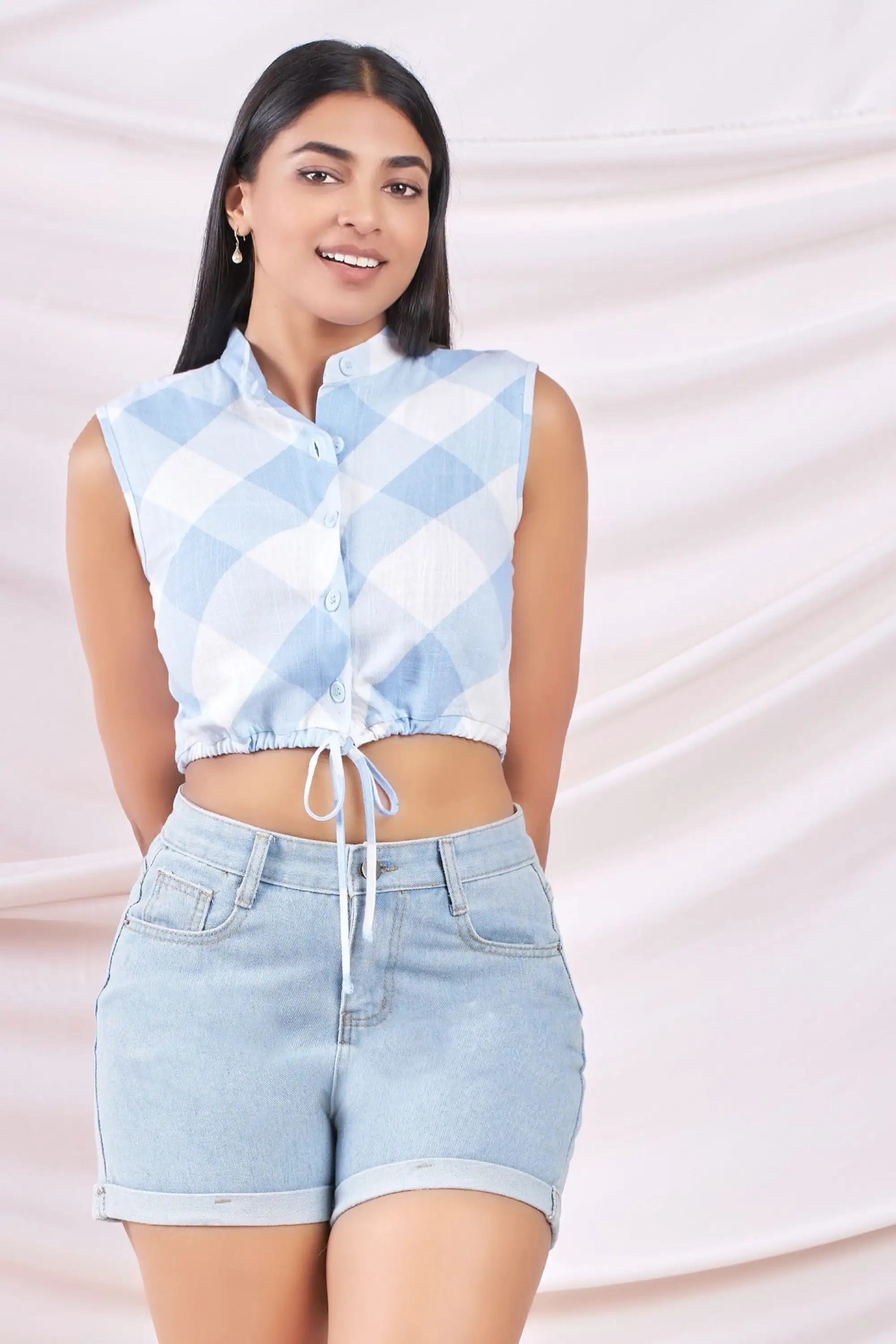 Blue Plaid Print Crop Top