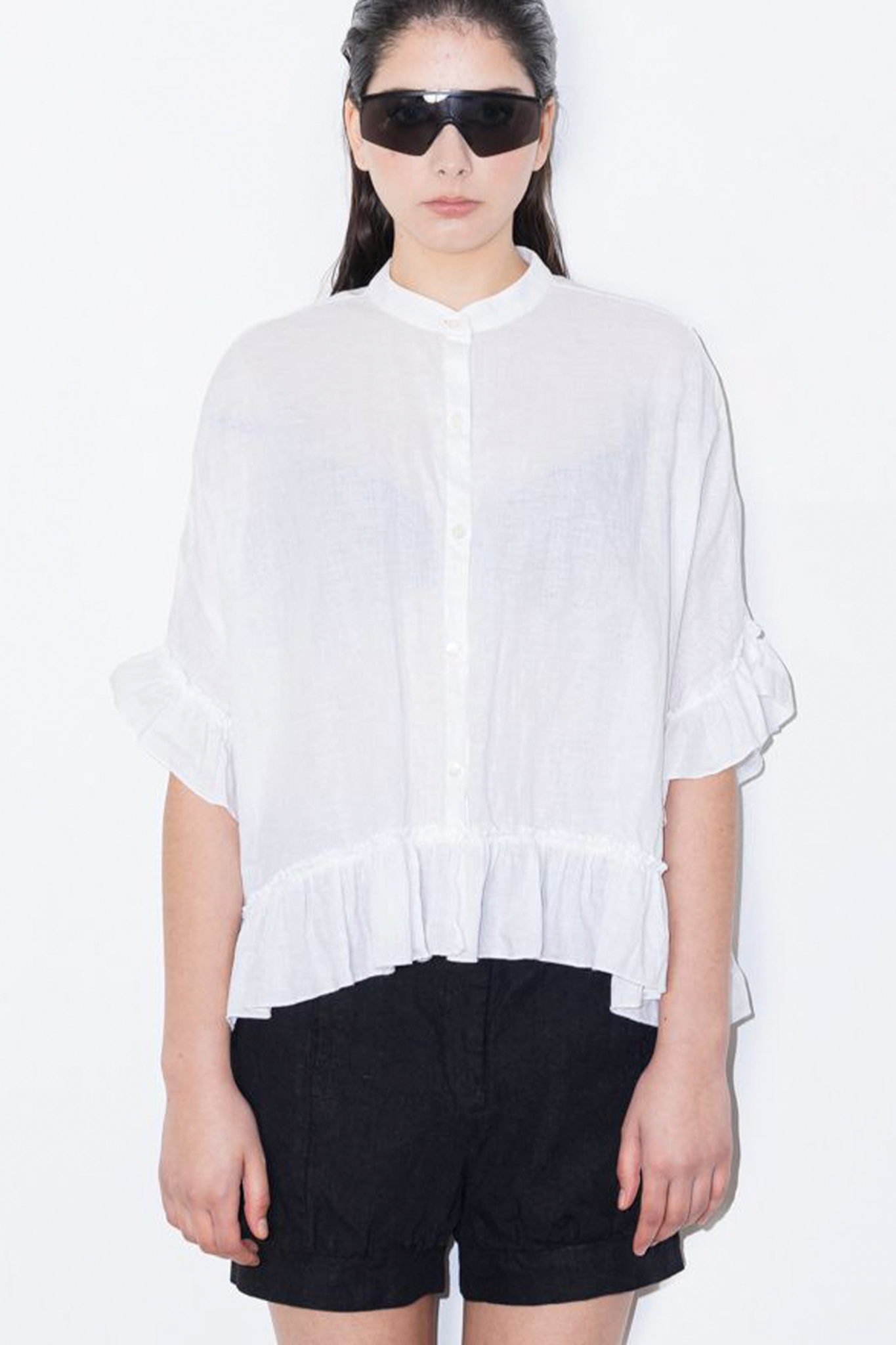 Box Frill Linen Blouse | White