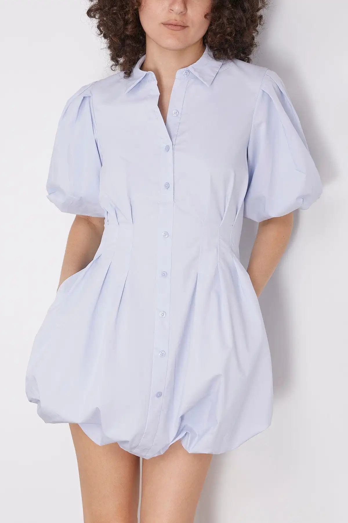 Cleo Balloon Pintuck Mini Dress in Blue Haze