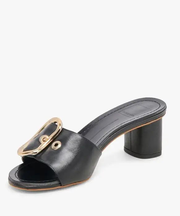 Dolce Vita Laika Block Heel Buckle Slides - Black Leather