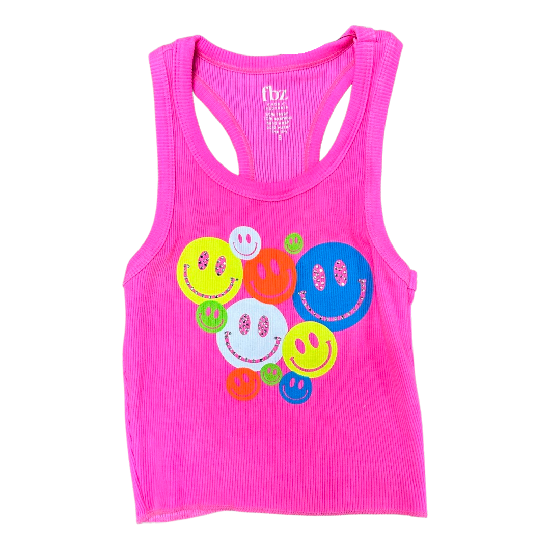 FBZ Neon Smiley Rhinestone Neon Pink Tank