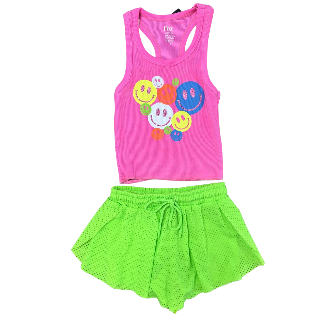 FBZ Neon Smiley Rhinestone Neon Pink Tank