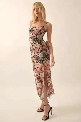 Floral Time Black Mesh Maxi Dress