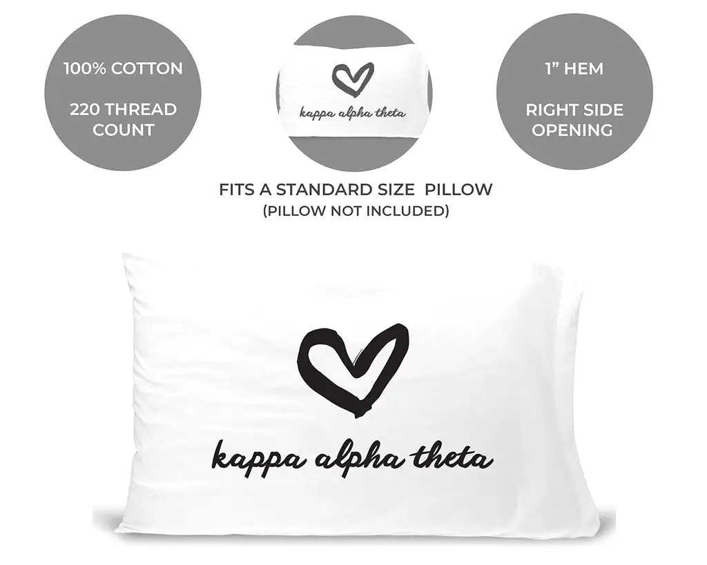 Kappa Alpha Theta Sorority Name with Heart Design on Printed Pillowcase