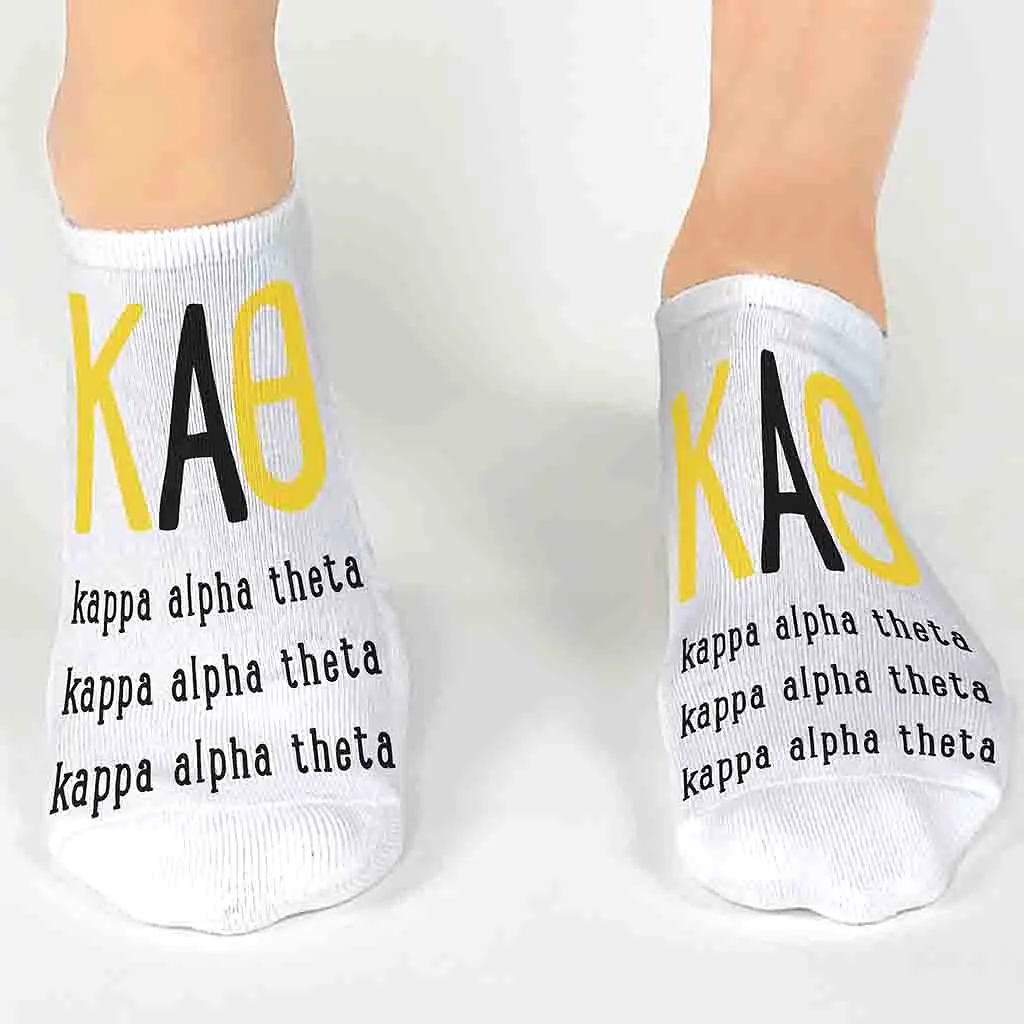 Kappa Alpha Theta Sorority Socks with Large Greek Letters, Printed on No Show Socks