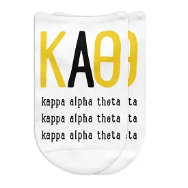 Kappa Alpha Theta Sorority Socks with Large Greek Letters, Printed on No Show Socks