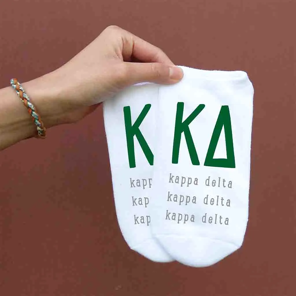 Kappa Delta Sorority Socks with Large Greek Letters, Printed on No Show Socks