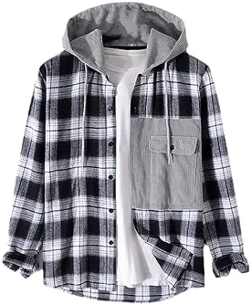 Mens Corduroy Hoodie Shirts Color Block Plaid Patchwork XL S4193019