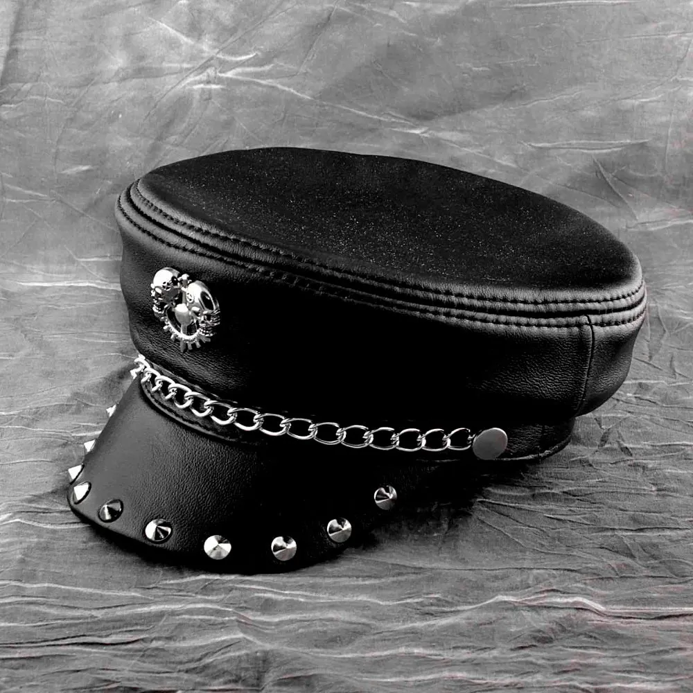 Men's Punk Skull Metal Rivet Studded Genuine Leather Biker Military Cap