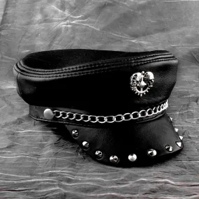 Men's Punk Skull Metal Rivet Studded Genuine Leather Biker Military Cap