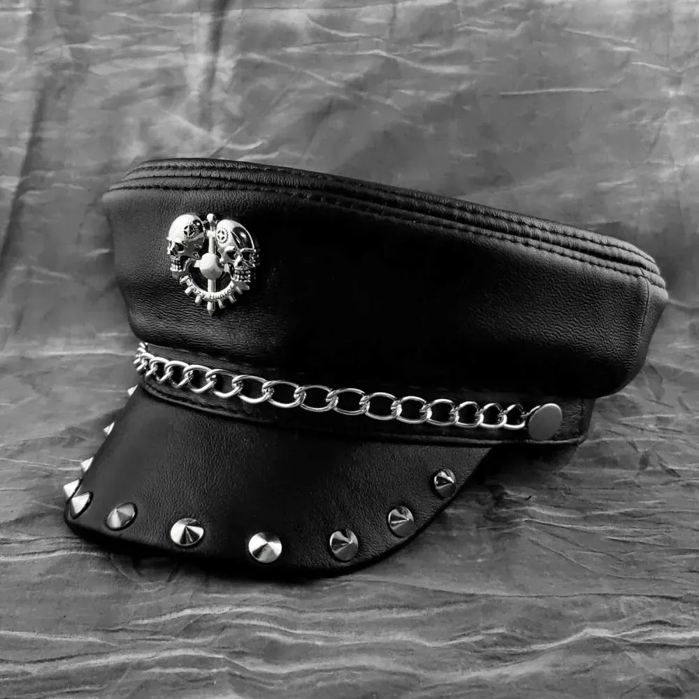 Men's Punk Skull Metal Rivet Studded Genuine Leather Biker Military Cap