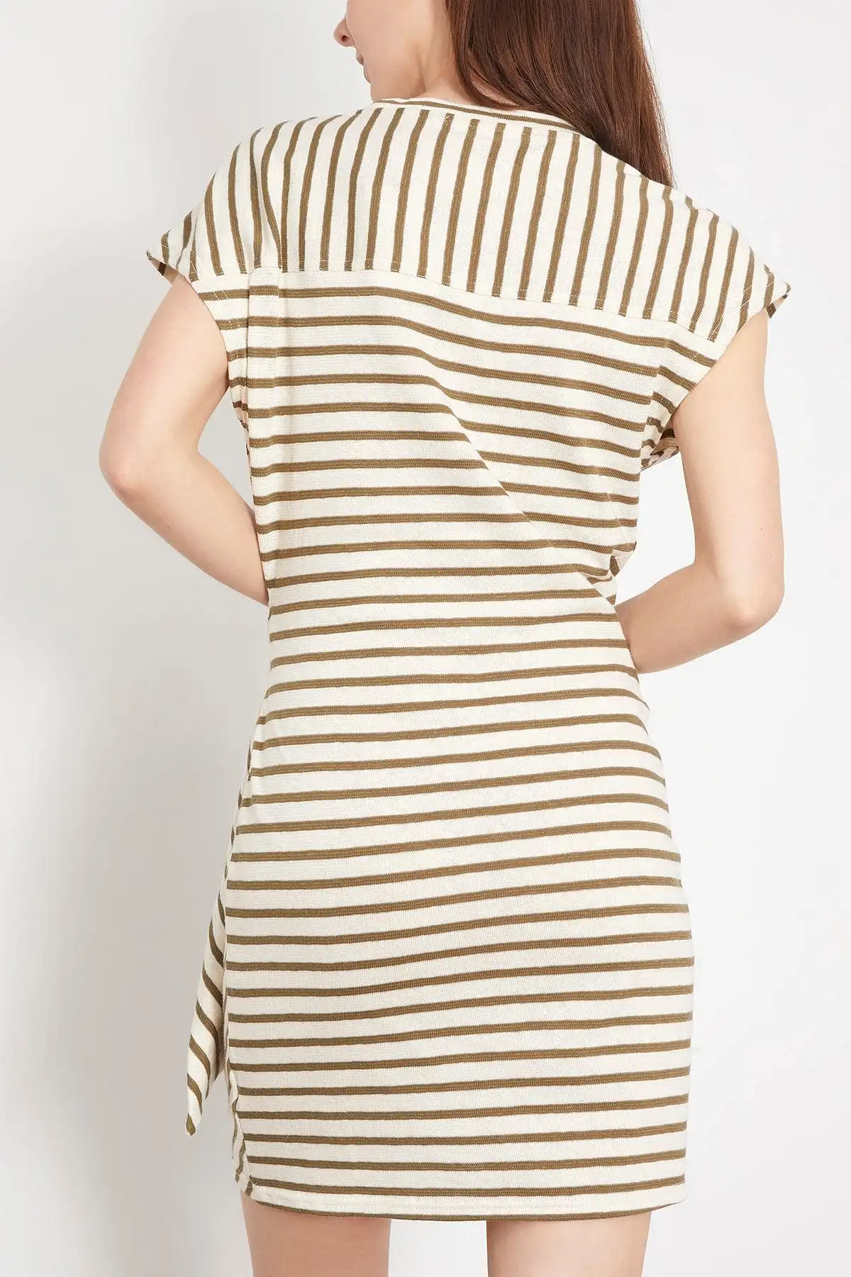 Nina Cinched Mini Dress in Cream and Olive Stripe