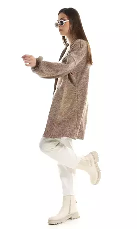 O162759 Knitted Long Sleeves Cardigan With Elastic Cuffs - Brown & Beige