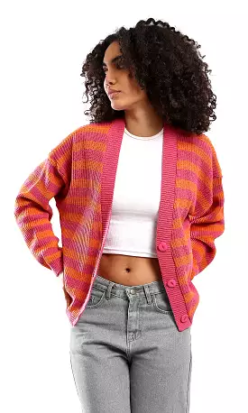 O173659 Long Sleeves Comfy Striped Cardigan - Orange & Fuchsia