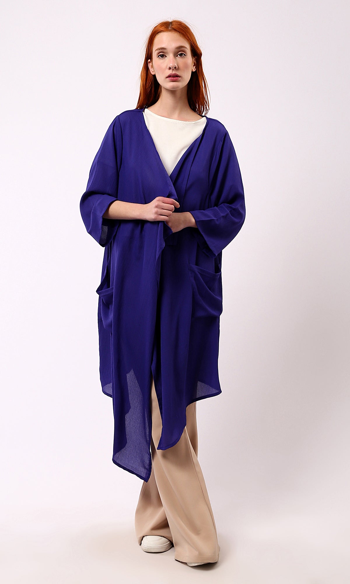 O188297 Dark Blue Solid Slip On Loose Cardigan