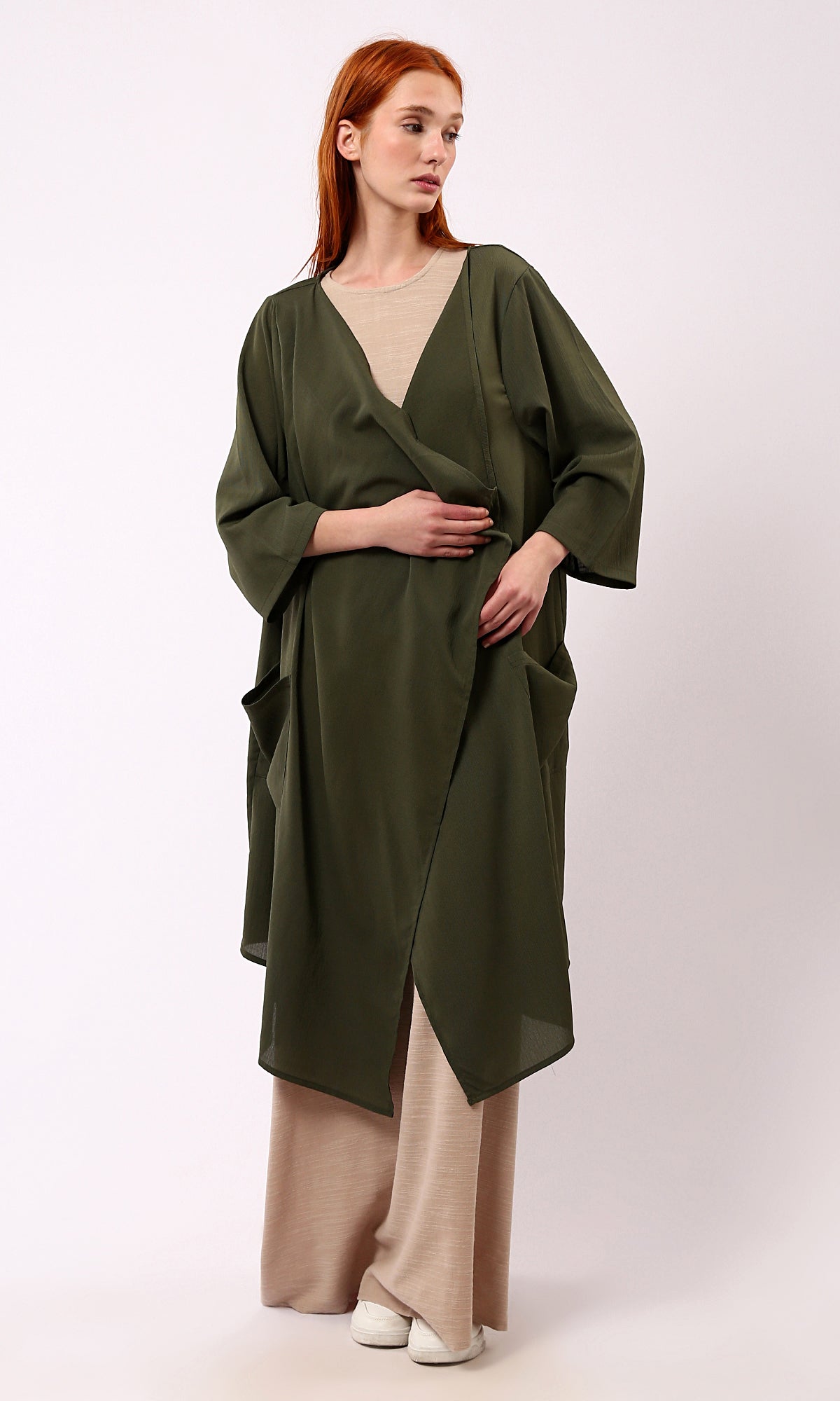 O188299 Asymmetric Neckline Loose Dark Olive Cardigan