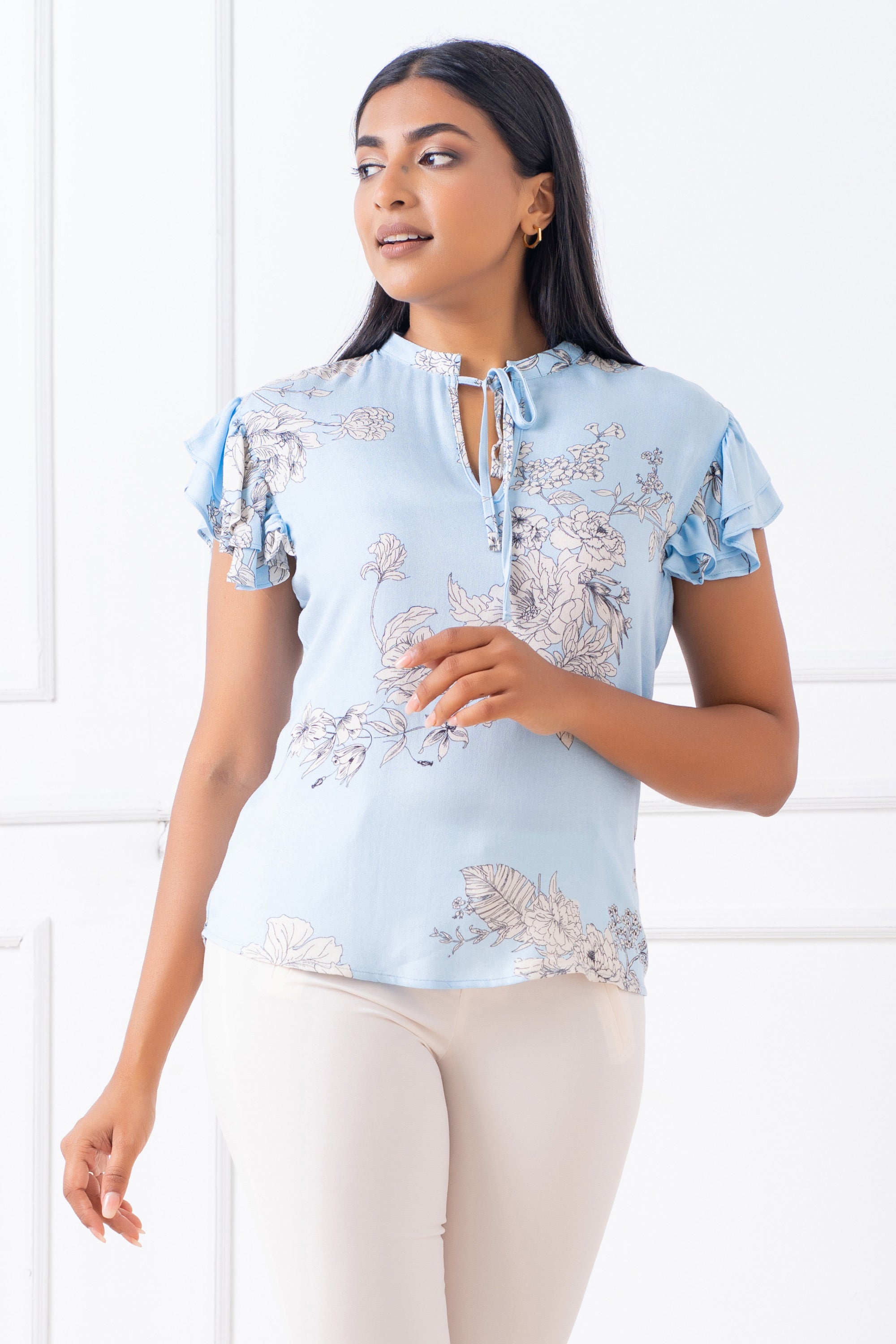 Printed Neck Tie Top - Regular Fit