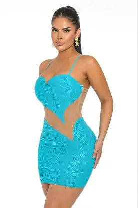 Rhinestone Heart Mini Dress - Blue