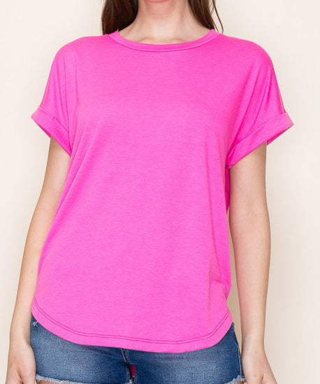 Roll Sleeve Top - Hot Pink