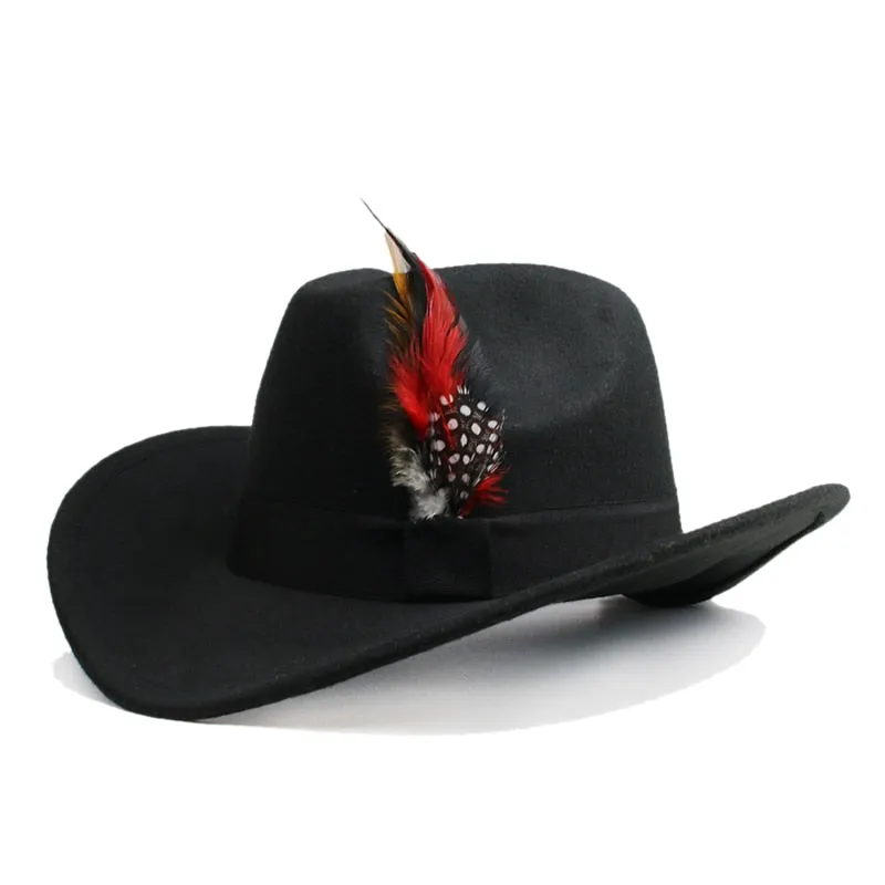 Unisex Casual Wool Pheasant Feather Decor Western Wide Brim Cowboy Hat