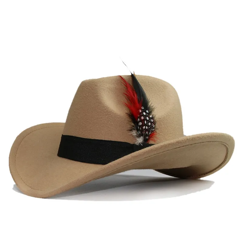 Unisex Casual Wool Pheasant Feather Decor Western Wide Brim Cowboy Hat