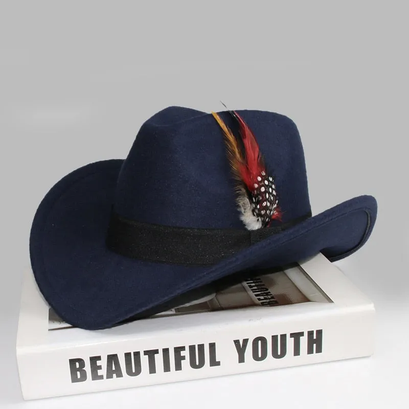 Unisex Casual Wool Pheasant Feather Decor Western Wide Brim Cowboy Hat