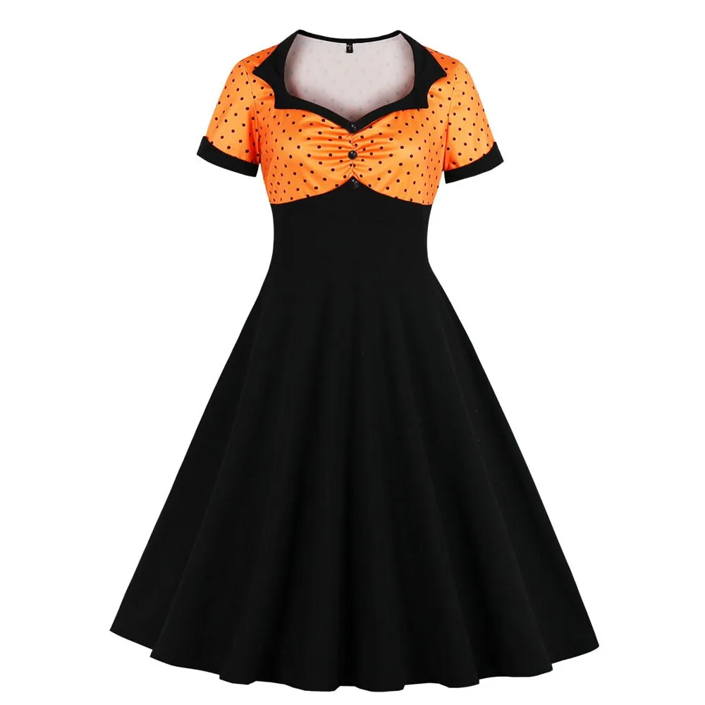 Vintage 50s 60s Retro Summer Short Sleeve Polka Dot Patchwork Robe Pin Up Swing Casual Dresses