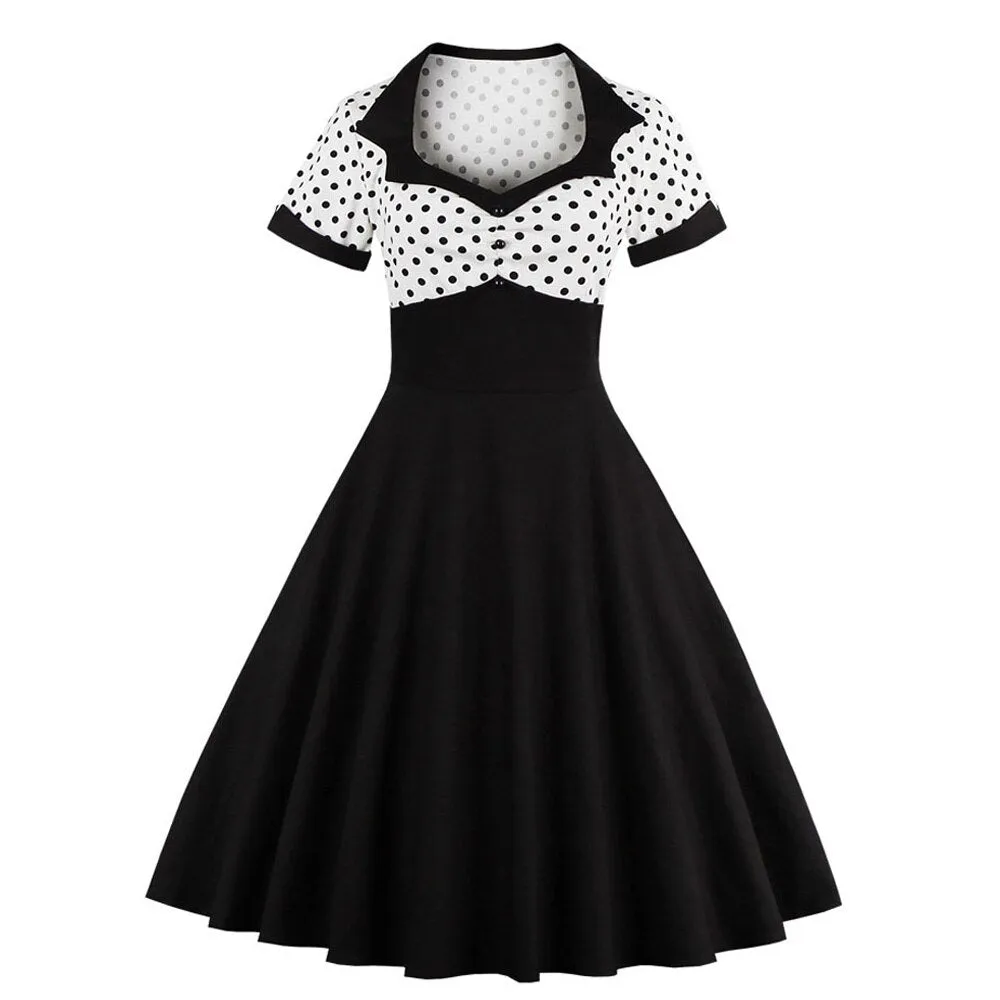 Vintage 50s 60s Retro Summer Short Sleeve Polka Dot Patchwork Robe Pin Up Swing Casual Dresses