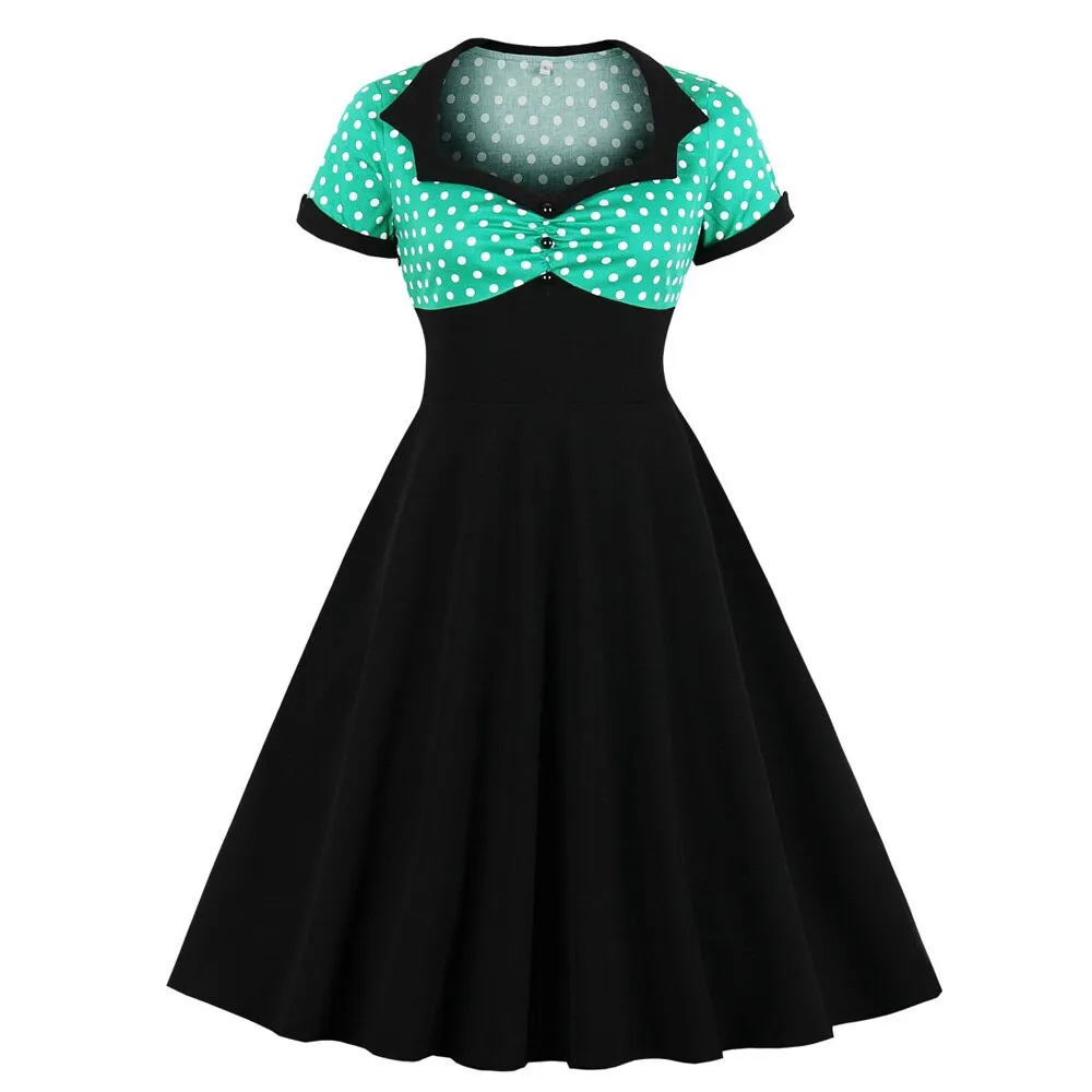 Vintage 50s 60s Retro Summer Short Sleeve Polka Dot Patchwork Robe Pin Up Swing Casual Dresses